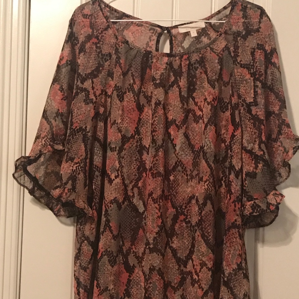 Snakeprint Ruffle Sleeve Sheer Top